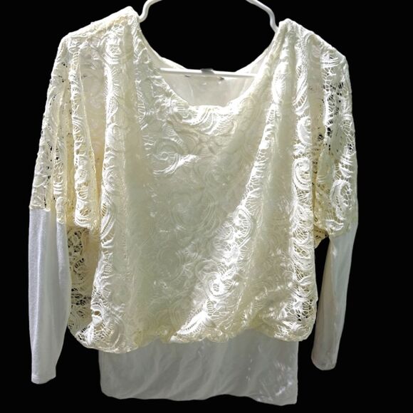 Valerie Stevens white lace top with solid cotton long sleeves womens size small - Picture 1 of 6